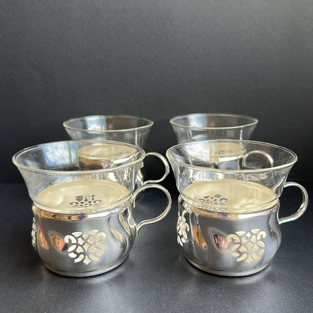 4 Glass Tea Coffee Cups Silver Plated Holders Set VTG German Schott Mainz JENA